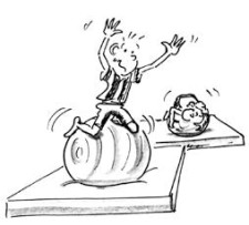 Comic: Ein Kind versucht auf einem Gymnastikball zu sitzen, ein anderes klammert sich daran und rollt über eine Matte.