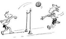 Dessin: deux enfants jouent au volleyball par-dessus une corde tendue entre deux piquets.