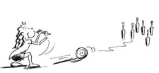 Dessin: un enfant lance une boule en direction de quilles.