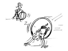 Comic: Ein Kind rollt einen Reifen, ein anderes hüpft dadurch.