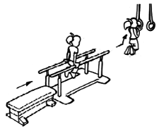 Dessin: L'enfant prend appui sur les barres parallèles, traverse un banc suédois et se balance aux anneaux.