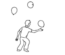 Dessin: Un élève jongle avec trois balles.