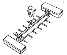Dessin: L'enfant reste en équilibre sur un banc suédois instable tout en faisant une acrobatie avec une balle. 