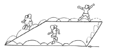 Dessin: Trois enfants sautent autour d'un terrain carré.