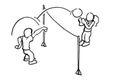 Dessin: Les enfants se lancent une balle par-dessus la corde.