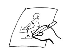 Bild: Jemand zeichnet auf ein Blatt Papier eine Person die eine Kiste hoch hebt. 