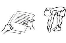 Bild: zwei Hände, zwei Blätter, ein Stift und eine dehnende Schülerin