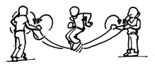 Dessin: Un élève saute avec deux cordes que ses camarades tournent.