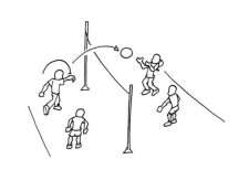 Dessin: Deux par deux, les élèves lancent la balle par-dessus la corde.
