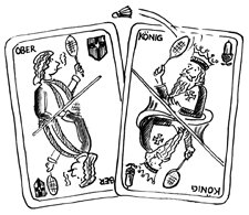 Disegno: due carte di jass giocano a badminton l'una contro l'altra