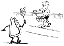 Disegno: un bambino e un moschettone giocano a badminton