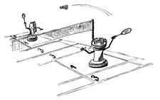 Disegno: due pezzi degli scacchi giocano insieme a badminton