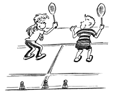 Comic: Zwei Kinder beim Spiel, drei Shuttles liegen auf der Grundlinie.