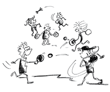 Comic: Mehrere Kinder spielen verschiedene Spiele mit Rackets.