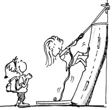 Comic: ein Kind zieht sich an einem Seil einer Schaumstoffmatte hoch. 