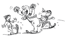 Fumetto: un orso bianco spaventa due bambini che corrono