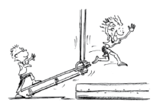 Comic: Ein Kind klettert eine Treppe hoch und springt von zu oberst auf eine Matte.