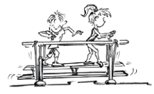 Comic: Zwei Kinder überqueren eine Langbank, die an Barrenholmen aufgehängt ist. 