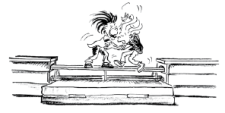 Comic: Zwei Kinder balancieren auf einer Langbank und versuchen, sich gegenseitig aus dem Gleichgewicht zu bringen.