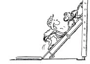 Disegno: un allievo si arrampica su una panchina appoggiata contro una spalliera.