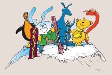 Comic: Snwoli und seine Freunde auf einem Schneehügel.