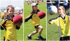 Reihenbild Faustball: Drei Kinder mit Kernbewegungen beim Faustball