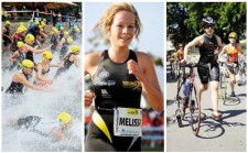 Trois photos: natation, course à pied et vélo.