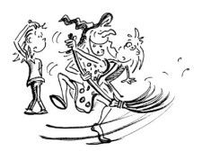 Comic: Eine Hexe tanzt fröhlich auf ihrem Besen, zwei Kinder schauen ihr erstaunt zu.