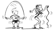Fumetto: un bambino salta con la corsa, un altro accanto a lui gioca tenendo una corda in mano