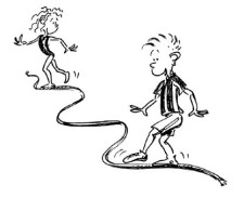 Comic: Zwei Kinder balancieren über ein am Boden liegendes Seil.