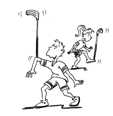 Fumetto: dei bambini tengono un bastone in equilibrio su un gomito e su un piede