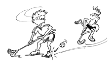 Fumetto: un bambino è colpito al piede da una pallina lanciata da una compagna