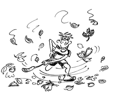 Fumetto: un allievo sposta un mucchio di foglie con un bastone facendole volare attorno a sé