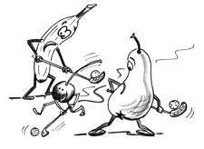 Fumetto: una banana, una pera e una ciliegia giocano a unihockey