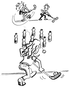 Dessin: Deux équipes tirent sur des bouteilles en PET placées entre elles.