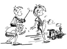 Comic: Drei Kinder gehen hinter einer Spielzeuglokomotive her.