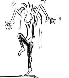 Fumetto: un allievo balla sul posto sollevando una gamba e le due braccia come un uccello pronto a spiccare il volo.