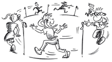Comic: Mehrere Kinder laufen einen Rundparcours um Malstäbe.