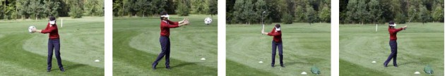 Série d'images: une joueuse lance un ballon avec le main, puis frappe une balle avec la canne.