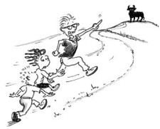 Dessin: trois enfants courent à pied en direction d'une vache.