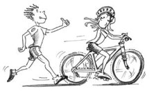 Comic: Ein Mädchen fährt auf dem Fahrrad, ein Junge joggt hinter ihr her.