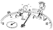 Comic: Zwei Schüler rennen hinter einem Sekundenzeiger einer Uhr her. 