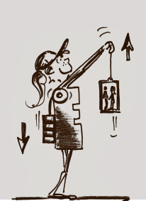 Disegno: un'allieva è in piedi e con le braccia solleva un ascensore in miniatura