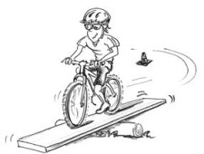 Dessin: un enfant roule à vélo sur une planche en bois.