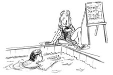 Dessin: un enfant nage, une fille est assise au bord du bassin.