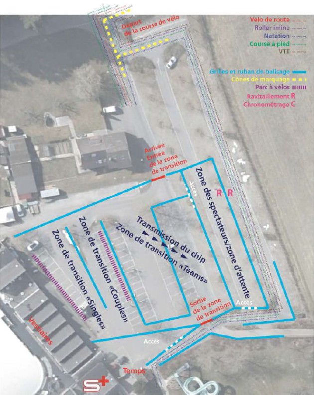 Vue aérienne du parking de la piscine avec indications pour les zones de transition.