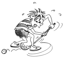 Comic: Ein KInd müht sich mit einem Unihockeyschläger und -ball ab.