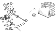 Comic: Ein Mädchen schiesst auf ein Tor, dessen untere Hälfte mit einem Schwedenkastenelement abgedeckt ist.