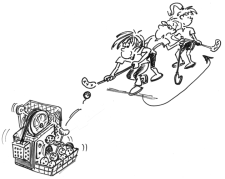Fumetto: due bambini eseguono dei passaggi con delle palline che escono da una macchina sputa-palline