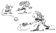 Comic: Mehrere Kinder spielen sich verschiedene Bälle mit Unihockeyschlägern zu.